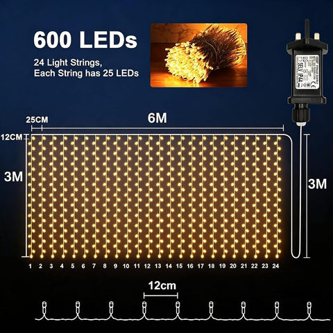 Yowin 600 LED Curtain Lights 6m x 3m Warm White Plug-In Christmas Fairy Lights – Transform Windows, Garden Fences & Party Spaces into a Soft Glow of Festive Magic