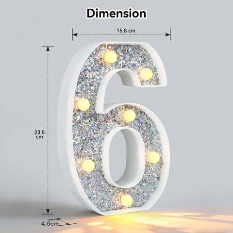 Silver Glitter LED Number Light – 8.86 Inch Marquee Number 6