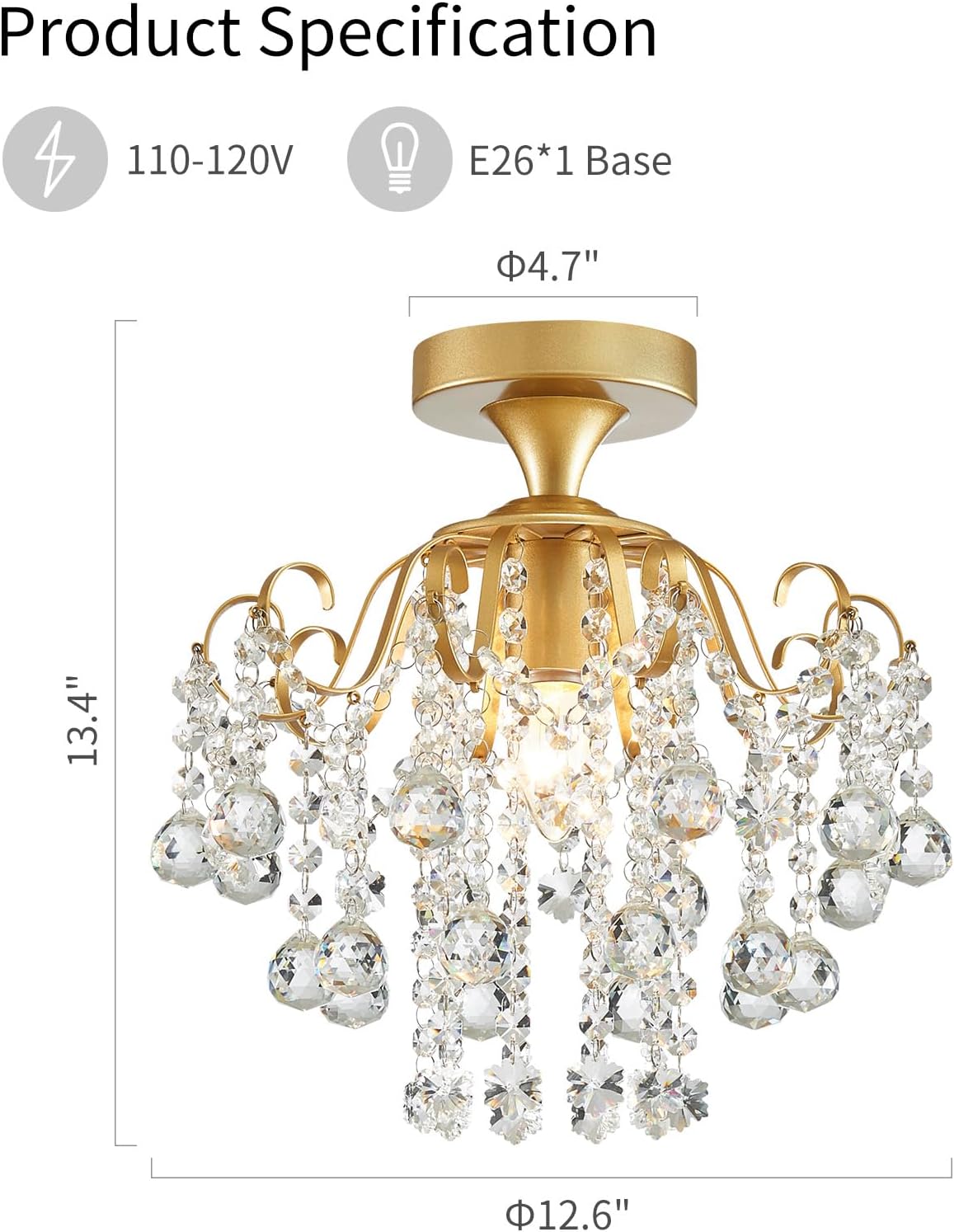 Gold chandelier with crystal accents and dimensions on a white background