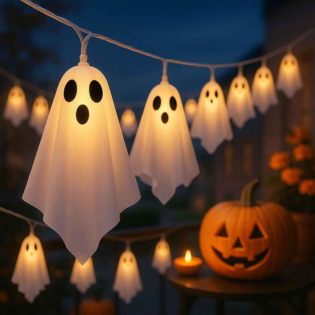 CNMTCCO Halloween Ghost String Lights – 10 LED Fabric Hanging Ghost Lights with 8 Lighting Modes, Warm White Battery Operated Halloween Decorations for Windows, Home & Parties