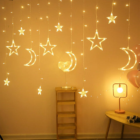 Ramadan Star Moon LED Curtain Lights – 3.5M Warm White String Lights with 8 Flashing Modes, USB & Battery Powered for Indoor and Outdoor Decoration