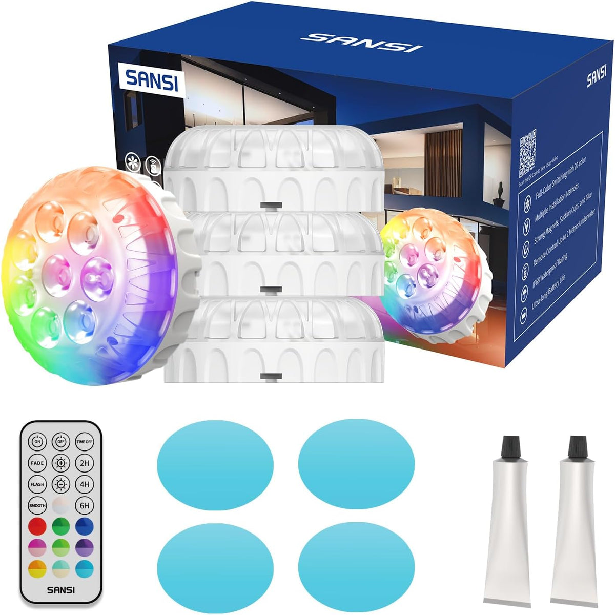 SANSI Submersible LED Pool Lights IP68 Magnetic Remote 20 Colours 4-Pack – Waterproof RGB Underwater Lights for Pools, Hot Tubs, Garden Ponds & Fountains