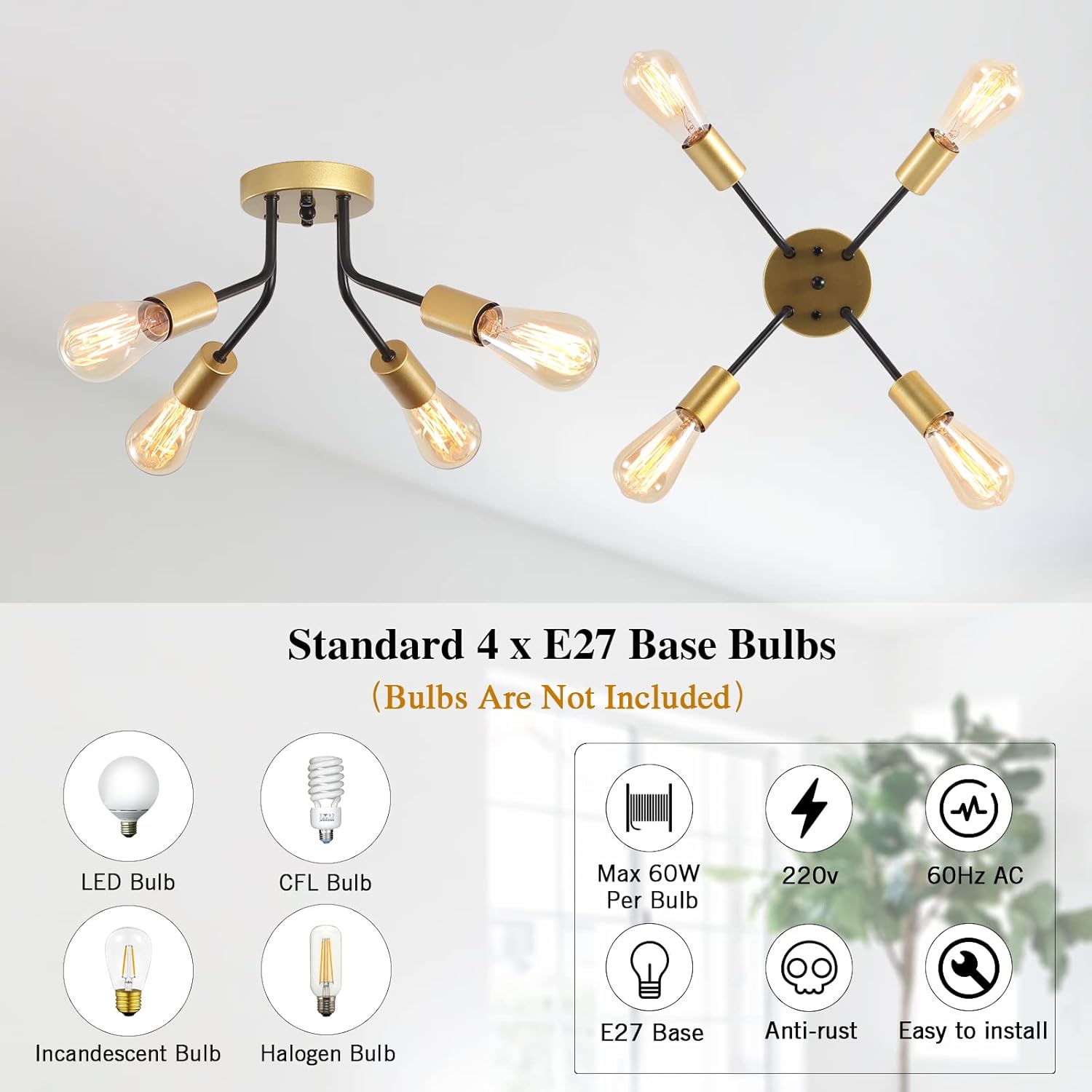 Ceiling light fixture with four light bulbs on a gray background, featuring text about bulb types and specifications.