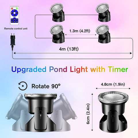 POPOSOAP RGB Underwater Pond Lights 4-in-1 with Timer & Remote – IP68 Waterproof Submersible LED Pond Lights for Gardens, Ponds & Water Features
