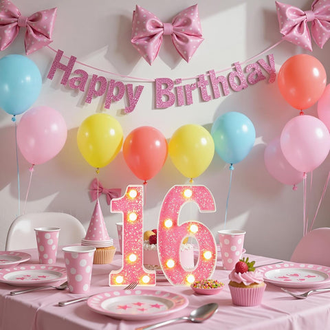 16th Birthday Decorations LED Light Up Numbers, Pink Marquee Number Lights for Girls, Light 16 Sign for Birthday Party Backdrop Anniversary Home Decor