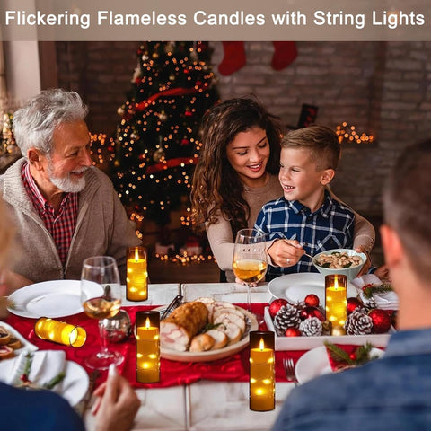 Flickering Flameless LED Candles with String Lights, Battery Operated Electric Candle Set of 5 with Remote Control & 24-Hour Timer for Home & Holiday Décor (Grey)