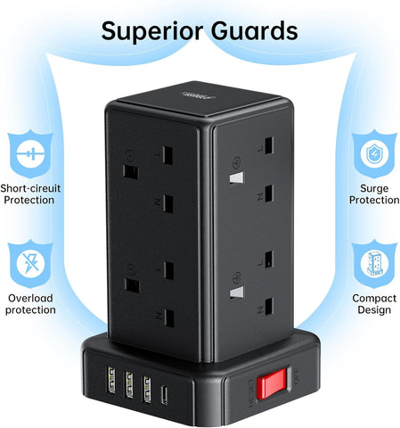 Kemelo Tower Extension Lead – 8-Way Multi Plug with 4 USB Ports, 2M Cable, 13A 3250W Surge Protection – Bring Order to Your Busy Charging Corner