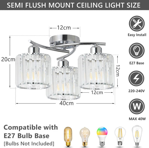Ceiling light fixture with dimensions and compatibility details on a white background