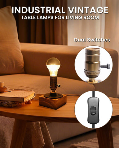 Vintage Industrial Table Lamp with 4W LED E27 Bulb – Wooden Retro Bedside & Desk Lamp with Warm 2700K Light, UK 3-Pin Plug & Inline Switch