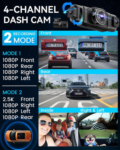 IIWEY N5 360° Dash Cam 4 Channel, Full HD 1080P Front Rear Inside Left Right Car Camera, 8 IR Lamps, 5G WiFi App Control, G-Sensor, 24H Parking Mode, with 128GB SD Card