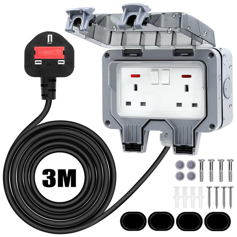 Electrical outlet kit with cable, screws, and seals on a white background