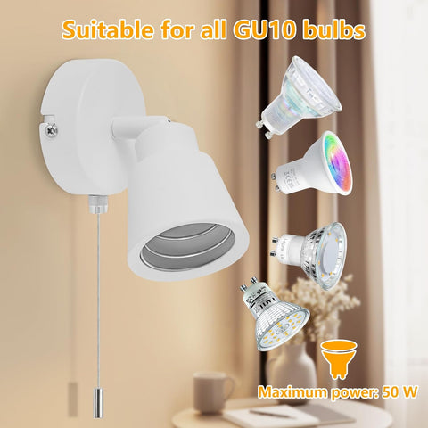 White Wall Lights with Pull Cord Switch GU10 - Modern Pull Cord Light Switch 350° Rotatable - 50W Indoor Wall Sconce Lights for Bedroom Bedside Living Room Kitchen Desk
