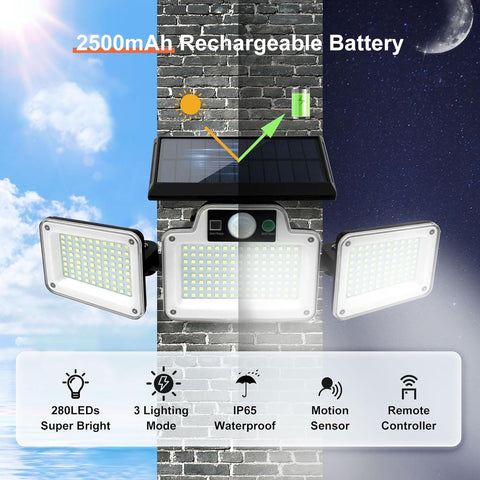 Solar flood lights with 2500mAh rechargeable battery on a brick wall background