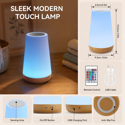 Auxmir LED RGB Dimmable Touch Bedside Table Lamp – Rechargeable Night Light with 13 Colours, 5 Brightness Levels, Remote Control & Timer