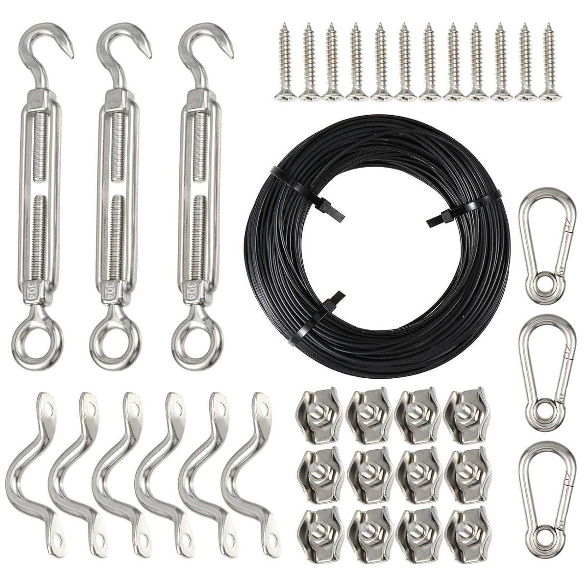 HAKIDZEL 50m Black Stainless Steel String Light Hanging Kit – PVC-Coated Wire Rope with Turnbuckles, Hooks, Straps, Screws & Cable Clamps for Outdoor Festoon Lights