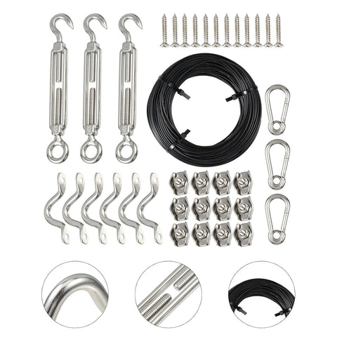 HAKIDZEL 50m Black Stainless Steel String Light Hanging Kit – PVC-Coated Wire Rope with Turnbuckles, Hooks, Straps, Screws & Cable Clamps for Outdoor Festoon Lights