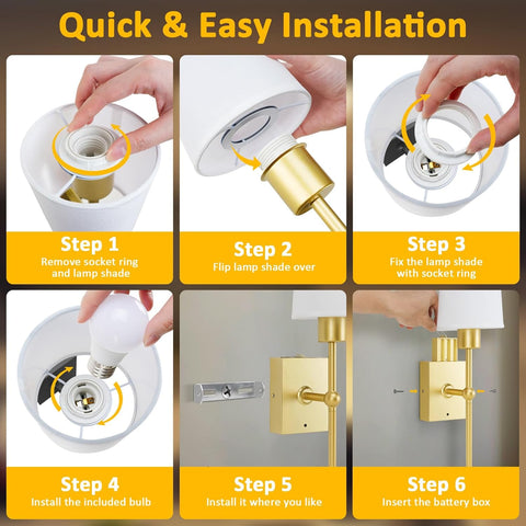 Rechargeable Wireless Wall Sconces Set of 2 Gold