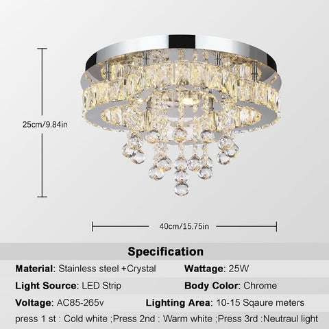 Crystal LED Chandelier Ceiling Light Flush Mount Fixture 15.75 Inch