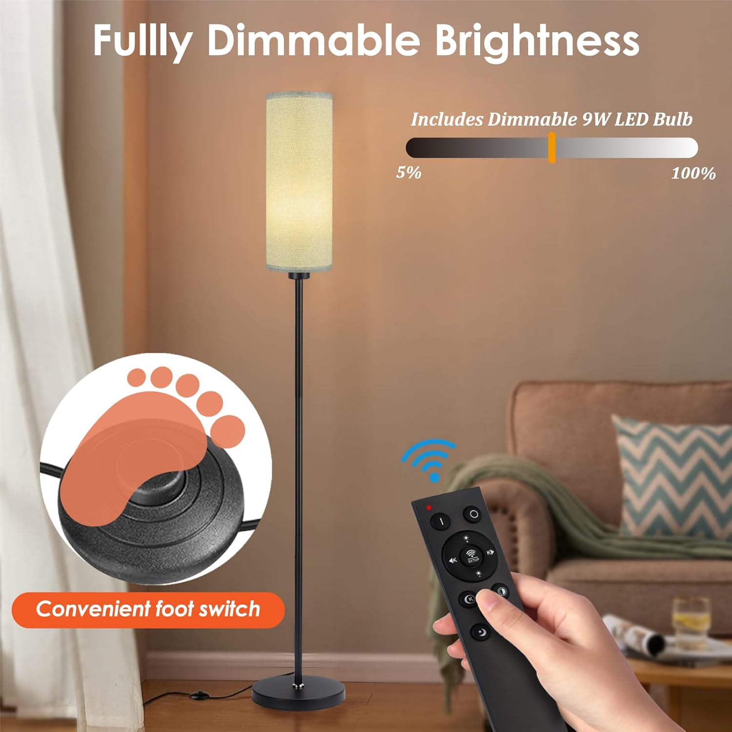 Floor lamp with dimmable feature, remote control, and foot switch in a living room setting.