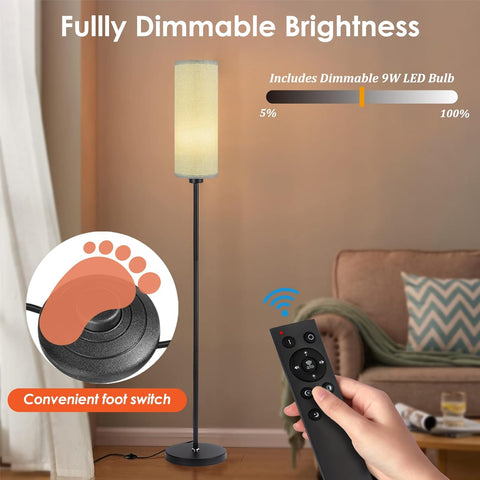 Floor lamp with dimmable feature, remote control, and foot switch in a living room setting.