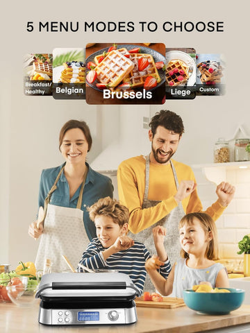Smart Waffle Maker 1600W – Digital Display, 7 Browning Levels, 5 Presets, Non-Stick, Family Size, Timer & Alerts – Silver