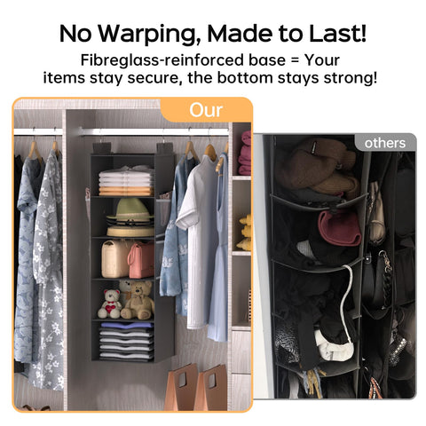 Extra Deep 6-Shelf Hanging Wardrobe Organiser, Grey – Heavy-Duty Foldable Clothes Storage with 4 Large Mesh Pockets