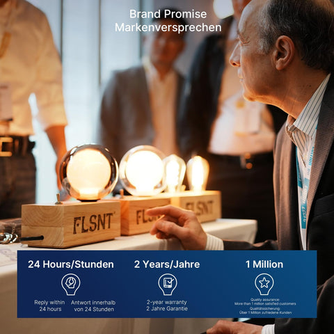 Man interacting with FLSNT products at an event, with brand promise details displayed.