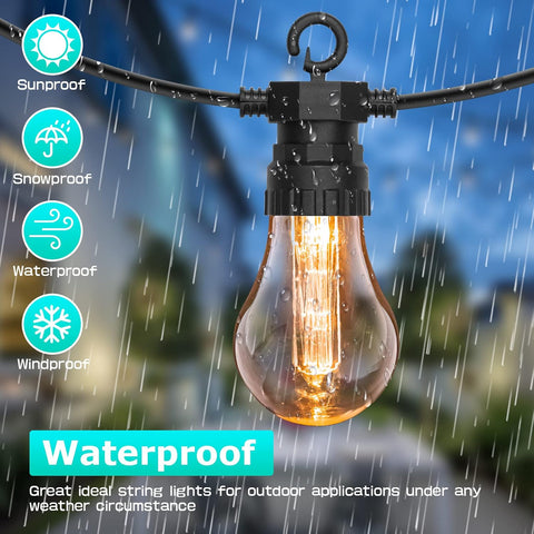 Waterproof string light bulb hanging outdoors with weather resistance icons and text.