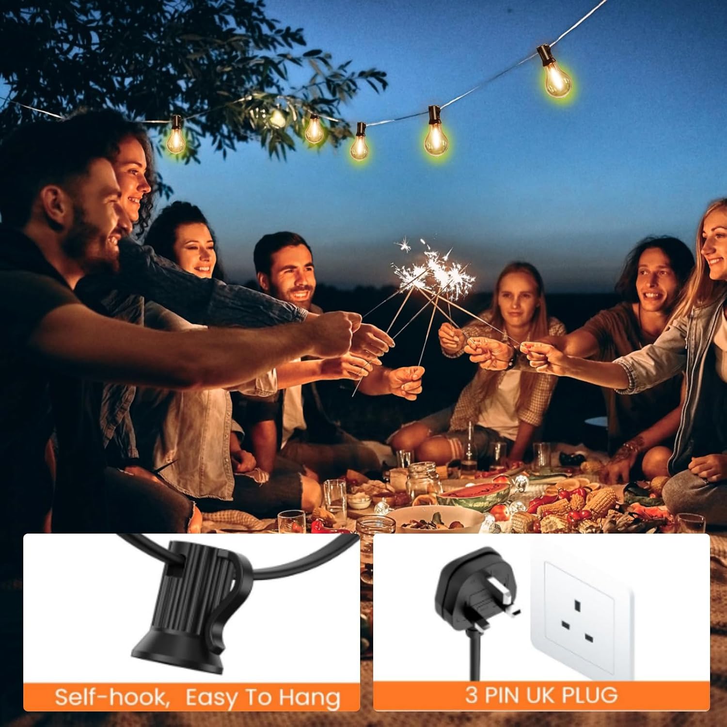 People enjoying a outdoor gathering with string lights and sparklers, featuring product details of a hanging light fixture and plug.
