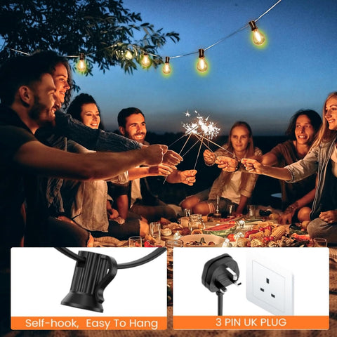 People enjoying a outdoor gathering with string lights and sparklers, featuring product details of a hanging light fixture and plug.