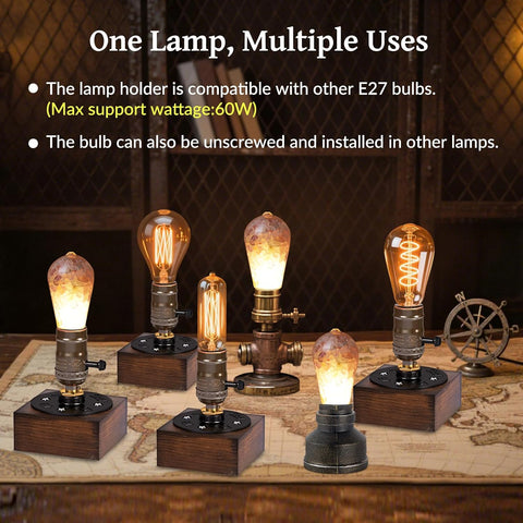 Lustaled Vintage Industrial Table Lamp with Wooden Base & Crystal-Filled E27 LED Bulb – 5W 3000K Warm White Bedside Lamp with 1.8m Cable for Bedroom, Desk & Living Room