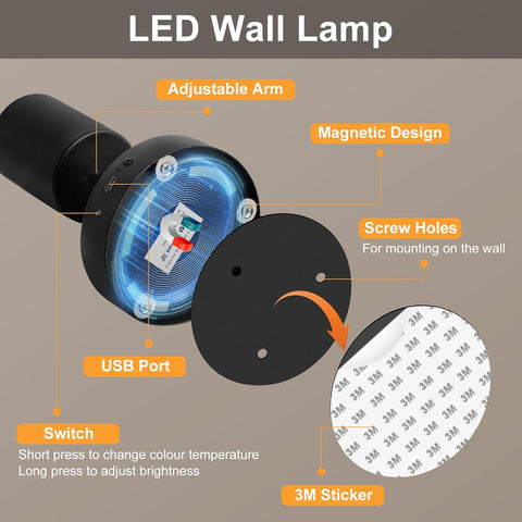 LED Battery Operated Wall Lights Indoor, Rotatable Wireless Rechargeable Wall Lamp, 3 Color Temperatures & Stepless Dimming, Black Magnetic Wall Lights with Remote for Living Room Corridor