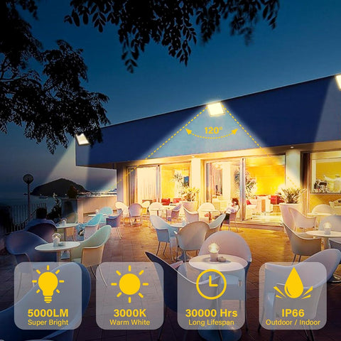 50W LED Flood Light, IP66 Waterproof Super Bright 5000LM Security Light, 3000K Warm White Outdoor Wall Light for Garden Yard Garage Patio Warehouse with UK Plug