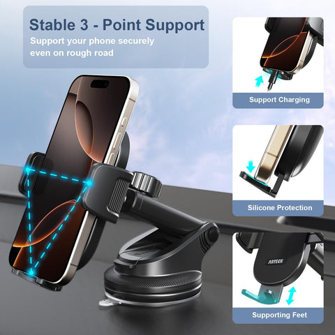 Arteck Black Universal 360° Car Phone Mount for Dashboard & Windshield