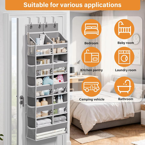 Abiglifty Over The Door Storage Organiser – 20 Pockets, 5-Tier Hanging Storage with Clear Windows, Grey