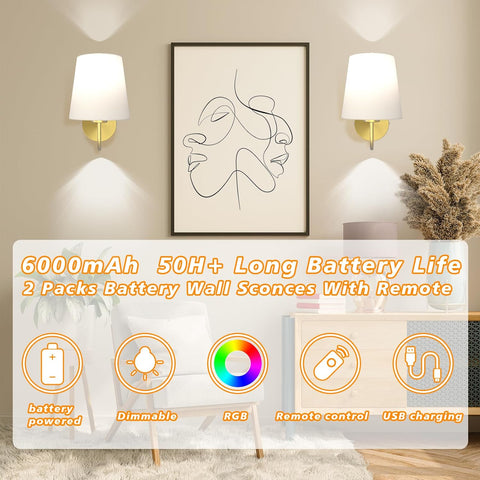 Battery Operated Wall Lights Set of 2, RGB Dimmable Rechargeable Wall Lights Indoor Wireless Wall Sconces Set of 2 for Bedrooms Cordless Sconce Wall Lamp Remote Control