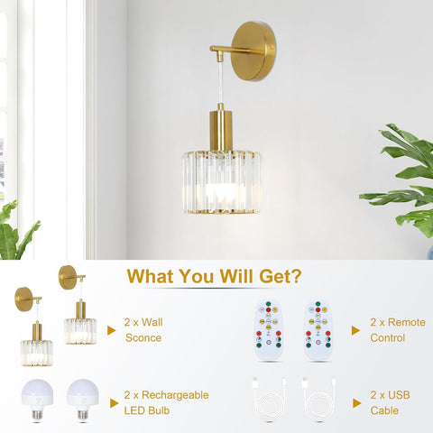 Gold Battery Operated LED Wall Lights Set of 2 with Remote