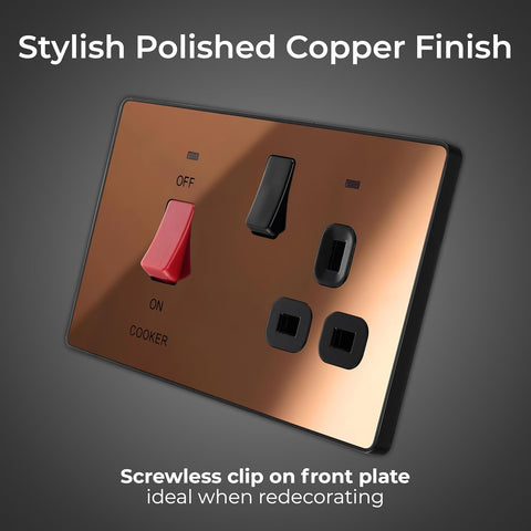BG Electrical Cooker Switch with Socket and LED, Cooker Control Unit, Control Socket, Double Pole, Screwless Front Plate, Evolve, Polished Copper, 45A, PCDCP70B