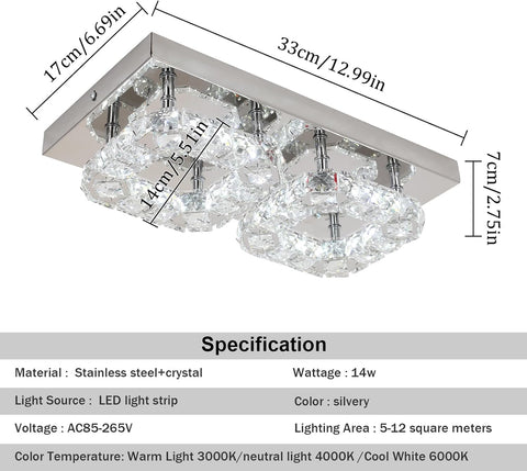 Rectangular Crystal LED Ceiling Chandelier Flush Mount 3-Color Change