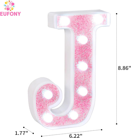 Pink Glitter LED Marquee Letter J - Cool White Lights
