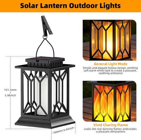 Solar Lanterns Outdoor Garden, 2 Pack Hanging Solar Garden Lanterns with Realistic Flickering Flame, IP65 Waterproof Decorative Solar Garden Ornaments for Yard , Pathway, Patio | 2 Lighting Modes