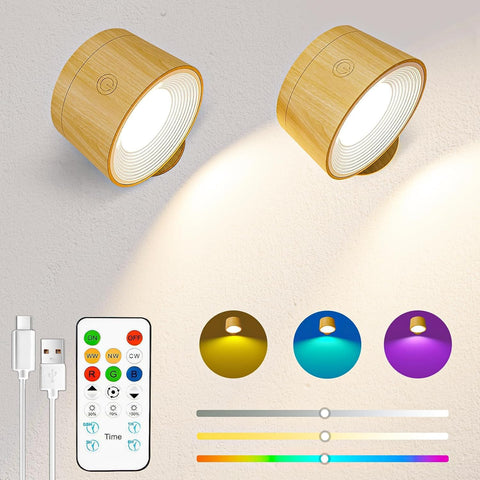 Two wooden lampshades with a remote control and color options on a light gray background