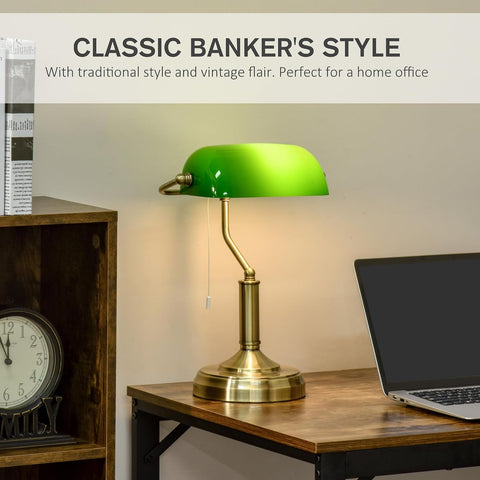 HOMCOM Green Glass Banker’s Table Lamp with Brass Tone Finish – E27 Desk Light for Home Office & Study