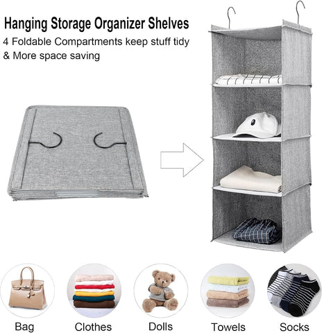 BOMEI PACK Grey Hanging Wardrobe Organiser, 4 Shelves – Foldable Closet Storage with Curved Metal Hooks