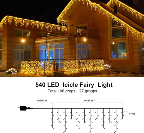 Icicle Lights Outdoor Plug In 30M 540 LED Warm White – Waterproof Curtain Lights with 8 Modes & Timer for Roof Eaves, Gutters & Windows - Turn Empty Edges Into Evening Magic