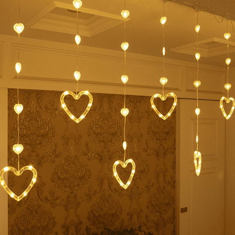 Heart Curtain Lights 9.8ft, USB Plug-In LED Heart String Lights with Remote & Timer, Warm White Valentine’s Day Window Lights for Bedroom & Room Decor