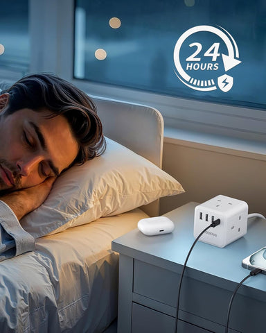 White 4-Way Extension Lead with 4 USB Ports, USB-C, Shaver Socket & 1.5m Cable – Keep Your Everyday Essentials Connected Without the Desk Clutter