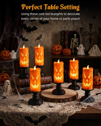 Halloween Ghost Pumpkin Led Candle Light, Halloween LED Candle Decoration 6Pack Battery Powered Halloween Table Decoration Indoor,LED Pumpkin for Window ,Flameless Pumpkin Candles for Halloween Party