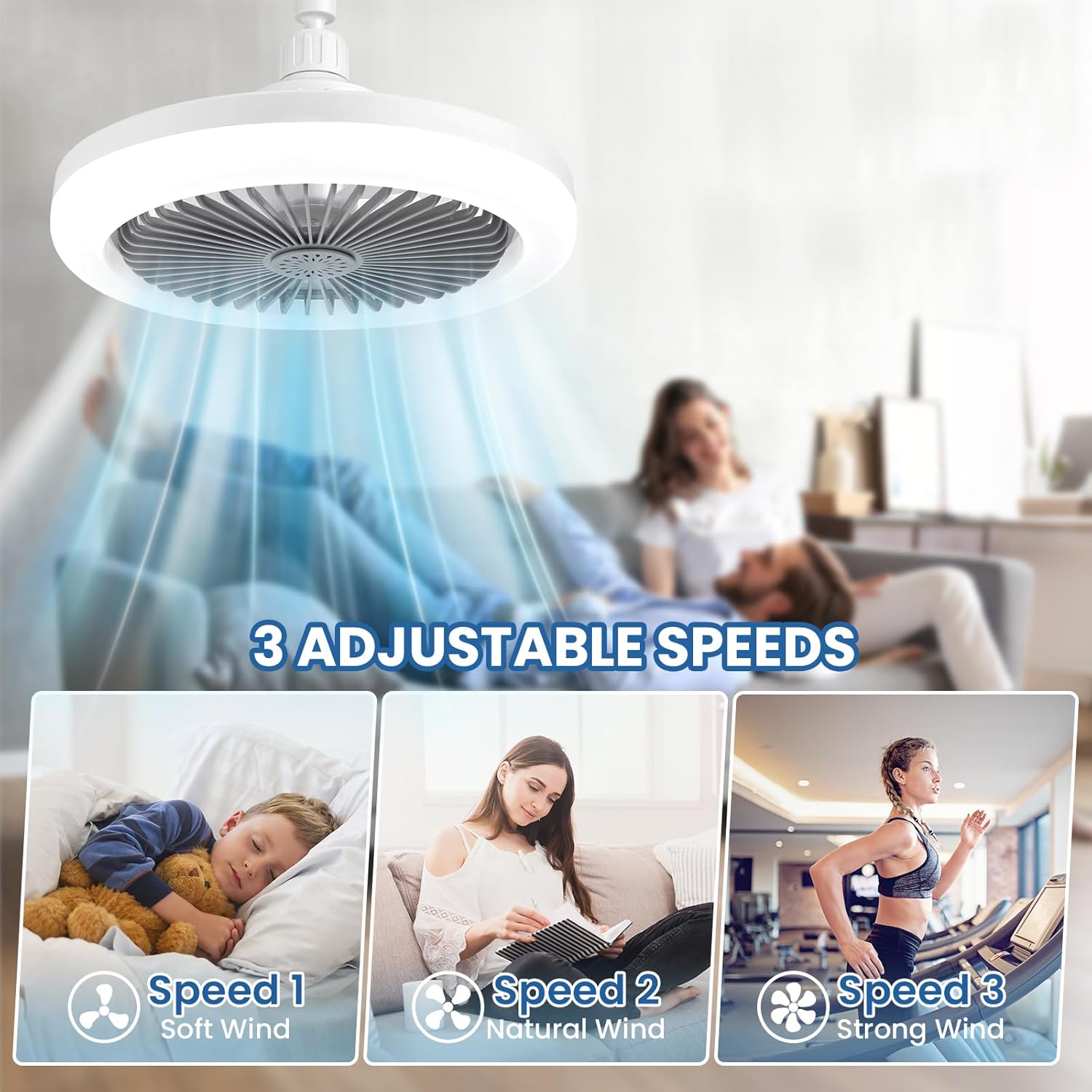 Ceiling fan with three adjustable speed indicators in a living room setting.
