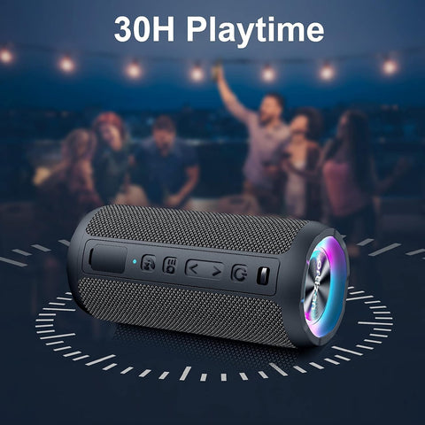 Black portable speaker with colorful LED lights on a dark background, showing '30H Playtime' text.